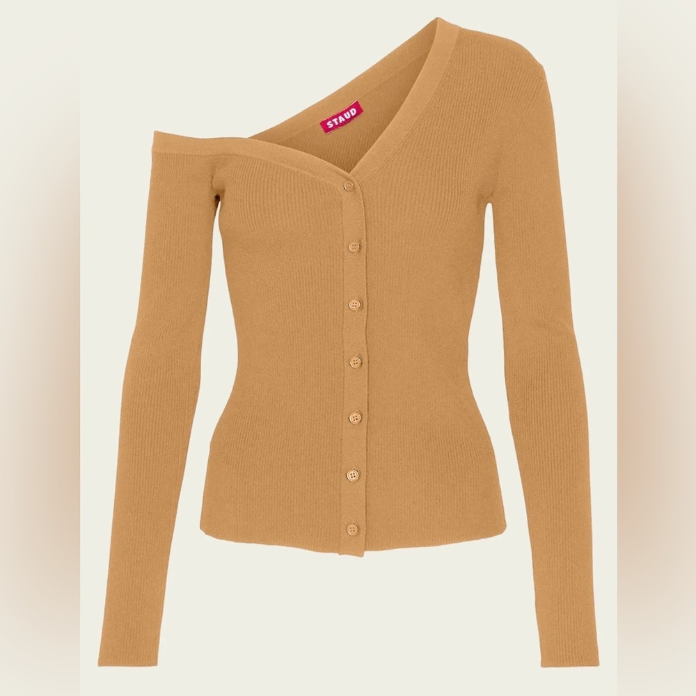 NWT Staud Craftsman Sweater Camel Tan Beige Off Shoulder camel Carmel button up - Picture 4 of 15
